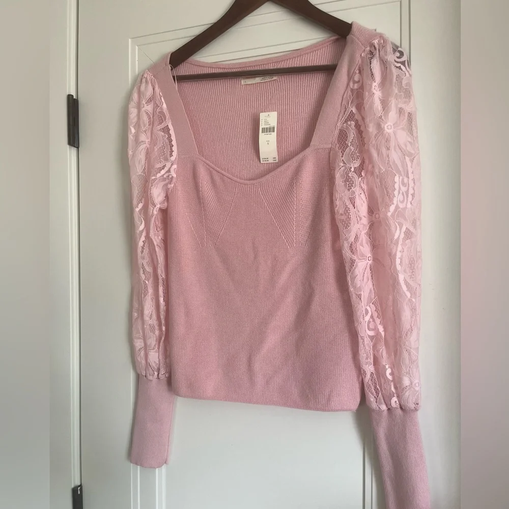 NWT Anthropologie Gayla Pink Lace Puff Sleeve Bodice Knit Sweater